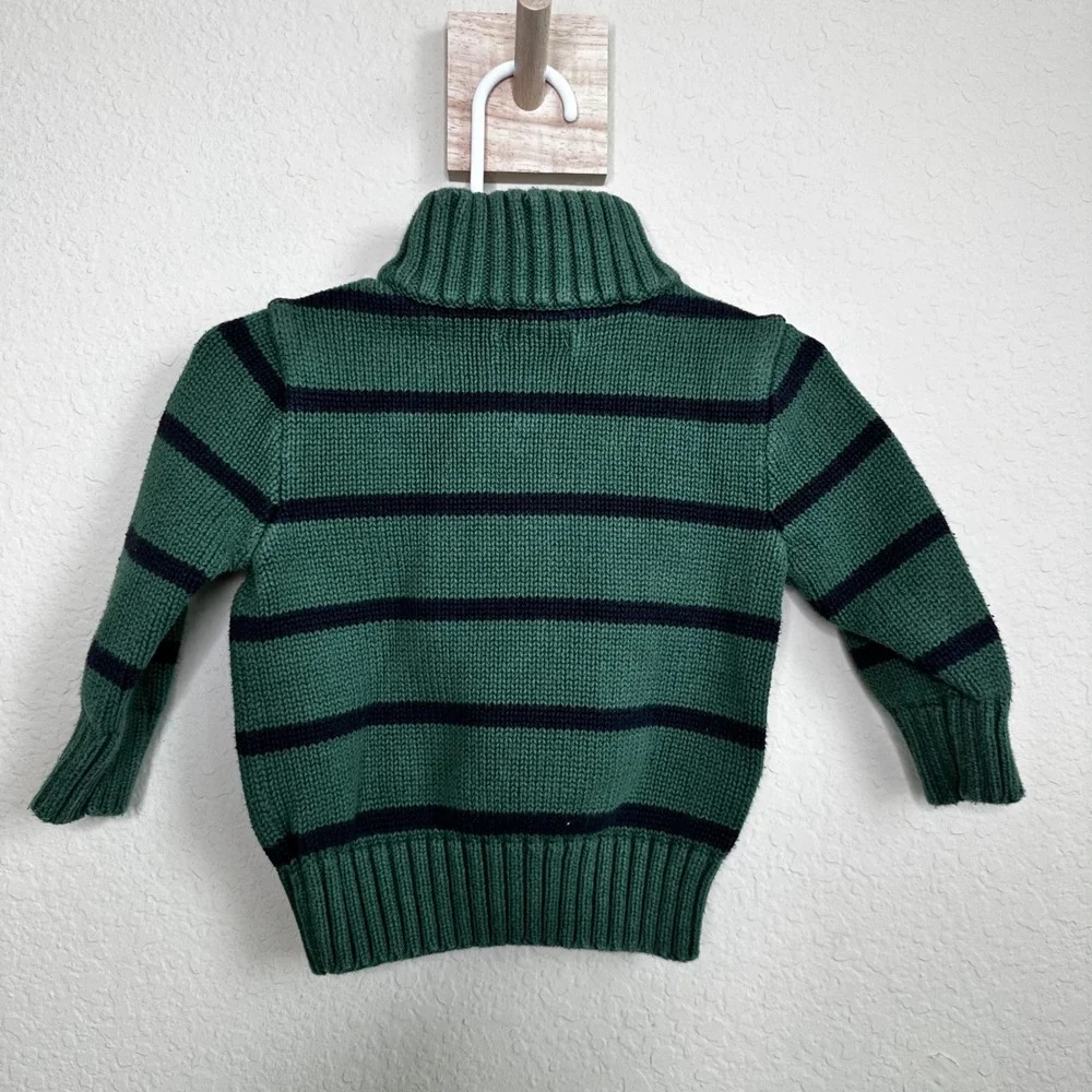 Ralph Lauren Toddler Boy 18M Green Navy Striped Quarter Zip Cotton Sweater